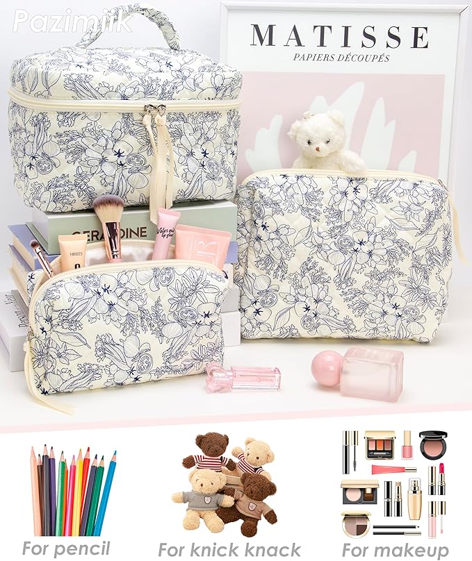 PAZIMIIK 3PCS Makeup Bag SET Large Travel Quilted Zipper Soft Cosmetic Case Pouch for Women Girls Make Up,Flower White