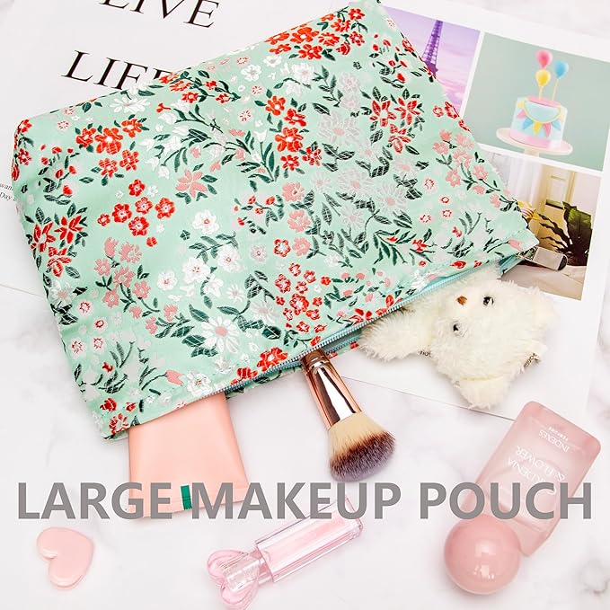 PAZIMIIK Makeup Bag Large Cotton Zipper Pouch for Purse Travel Canvas Make Up Organizer for Women Cosmetic,Brocade Green