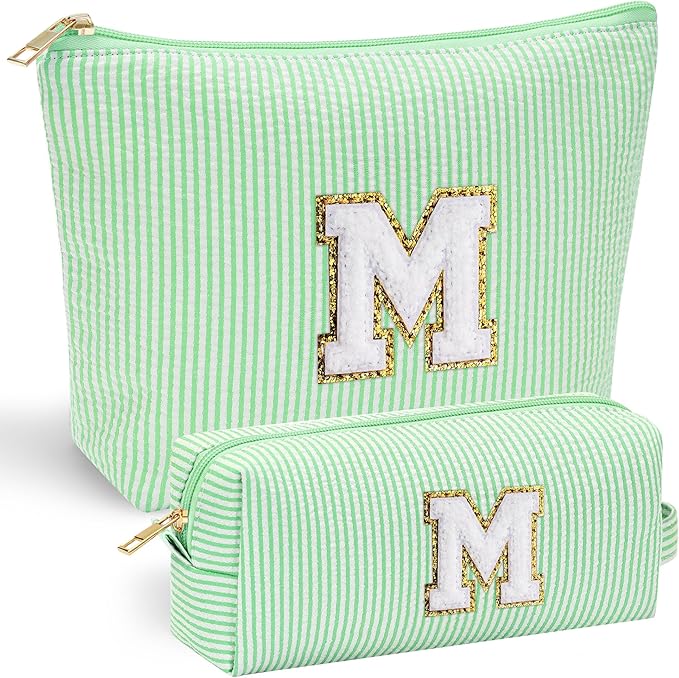 YOOLIFE Initial Makeup Bag for Women Girls - Skin Care for Teens 10-12 | Make Up Bag | Gifts for Women | Graduation Gifts | Mothers Day Gifts | Tween Girls Trendy Stuff Daughter Friend Gifts M, Green