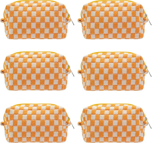 PAZIMIIK Checkered Makeup Bag for Purse Portable Zipper Make Up Pouch Small Cosmetic Case for Travel Accessories (6PCS Orange)