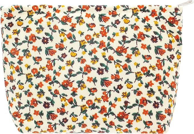 PAZIMIIK Makeup Bag Large Zipper Corduroy Make Up Pouch for Purse Travel Canvas Cosmetic Organizer for Women Brush Storage,Floral White