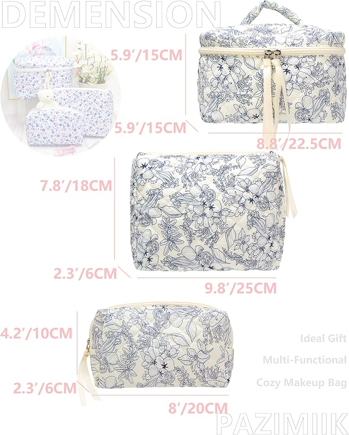 PAZIMIIK 3PCS Makeup Bag SET Large Travel Quilted Zipper Soft Cosmetic Case Pouch for Women Girls Make Up,Flower White