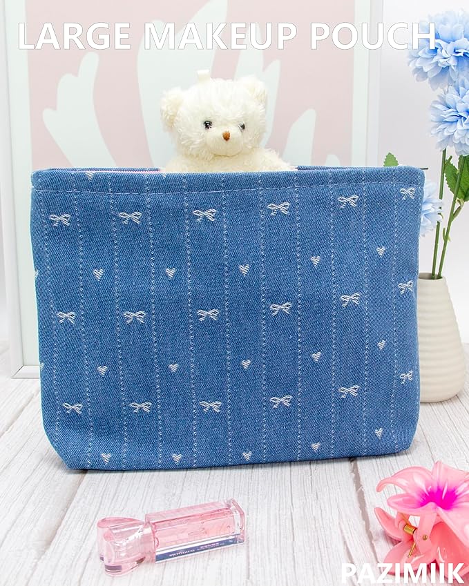 PAZIMIIK Makeup Bag Large Cotton Zipper Pouch for Purse Travel Canvas Make Up Organizer for Women Cosmetic,Jean Blue