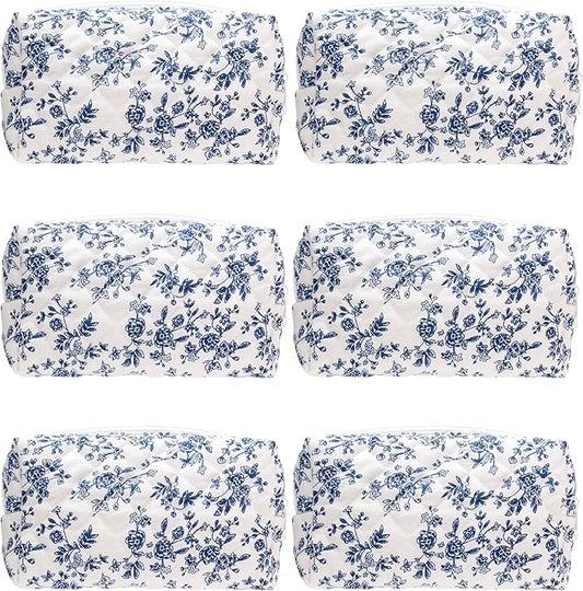 PAZIMIIK 6PCS Vintage Quilted Makeup Bag SET Cosmetic Pouch for Brushes Pencils and Travel Make Up Accessories for Women and Girls Jouy Blue