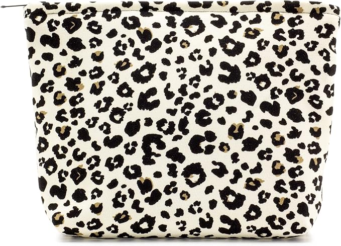 Makeup Bags for Purse Zipper Cosmetic Pouch Large Travel Canvas Make Up Organizer Tool Pouch for Women and Girls,Leopard Ivory