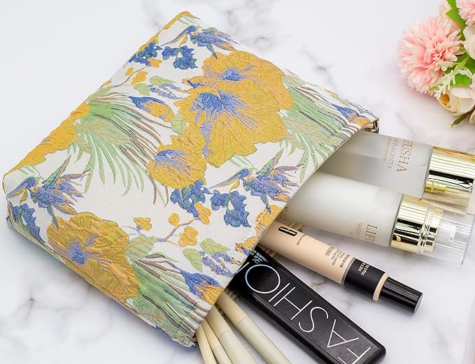 Makeup Bags for Purse Zipper Cosmetic Pouch Large Travel Canvas Make Up Organizer Tool Pouch for Women and Girls,Brocade Flower Yellow