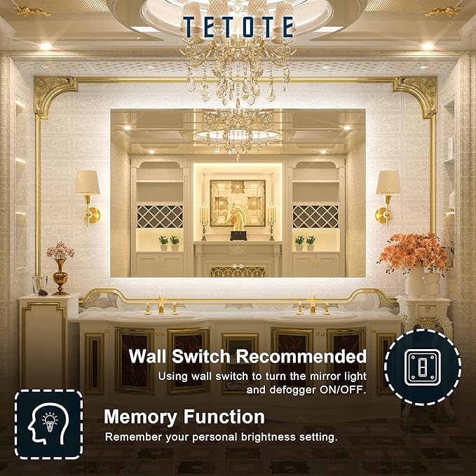 TETOTE 60 x 40 Inch LED Backlit Bathroom Mirror with Light,Anti-Fog,Dimmable,CRI90+,Water Proof,Vanity Lighted Mirror,Wall Mounted(Horizontal/Vertical)