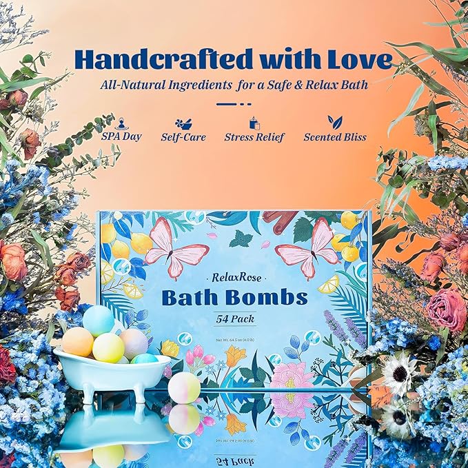 54 Pack Handmade Bath Bombs – 11 Vibrant Colors & 9 Unique Scents, Long-Lasting Fizzy Bubbles & Colorful Magic, 7-Minute Dissolve for Relaxation, Perfect for Birthdays & Summer Self-Care