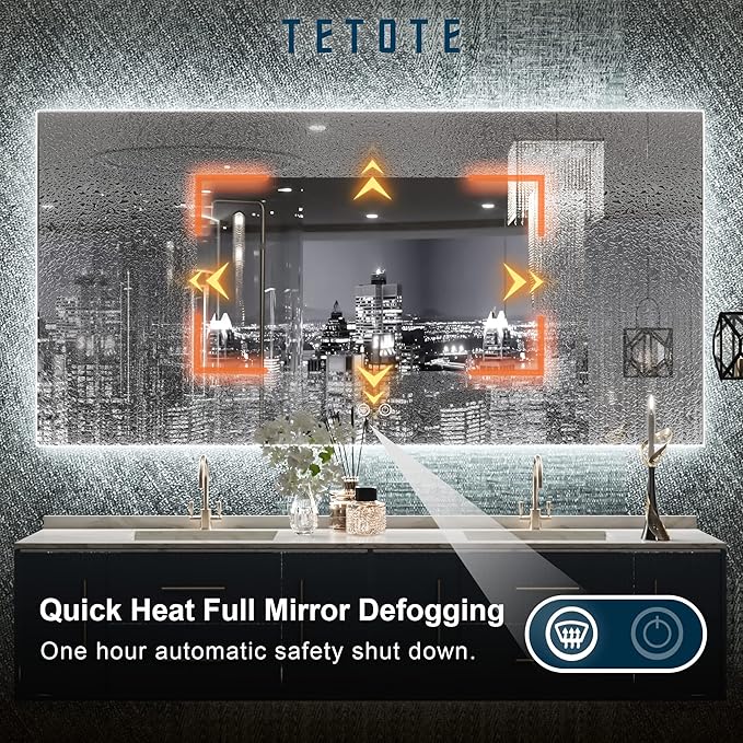 TETOTE 48 x 24 Inch LED Backlit Mirror Bathroom with Light,Anti-Fog,Dimmable,CRI90+,Makeup Vanity Mirror,Lighted Mirror(Horizontal/Vertical)