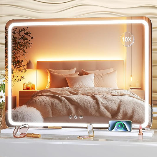 Hasipu Vanity Mirror with Lights, 22.8" x 18" LED Makeup Mirror, Lighted Makeup Mirror with Dimmable 3 Modes, Touch Screen Control Vanity Mirror Round White