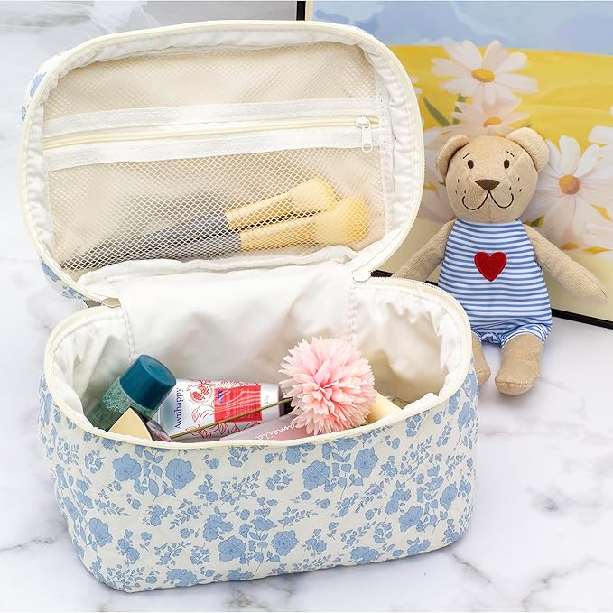 PAZIMIIK 3PCS Makeup Bag SET Large Travel Quilted Zipper Soft Cosmetic Case Pouch for Women Girls Make Up,Little Flower Blue