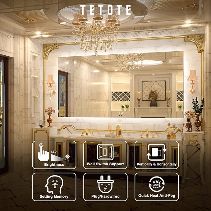 TETOTE 72 x 36 Inch LED Bathroom Mirror Backlit,AntiFog,Dimmable,CRI90+,Makeup,Vanity Mirror with Light,Lighted Mirror,Wall Mounted(Horizontal/Vertical)