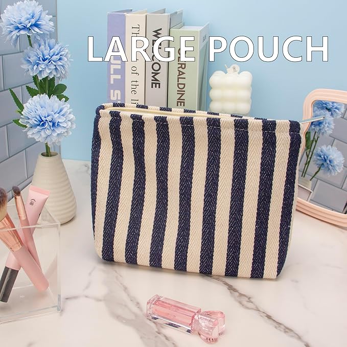 PAZIMIIK Makeup Bag Large Cotton Zipper Pouch for Purse Travel Canvas Make Up Organizer for Women Cosmetic,Stripe Navy Blue
