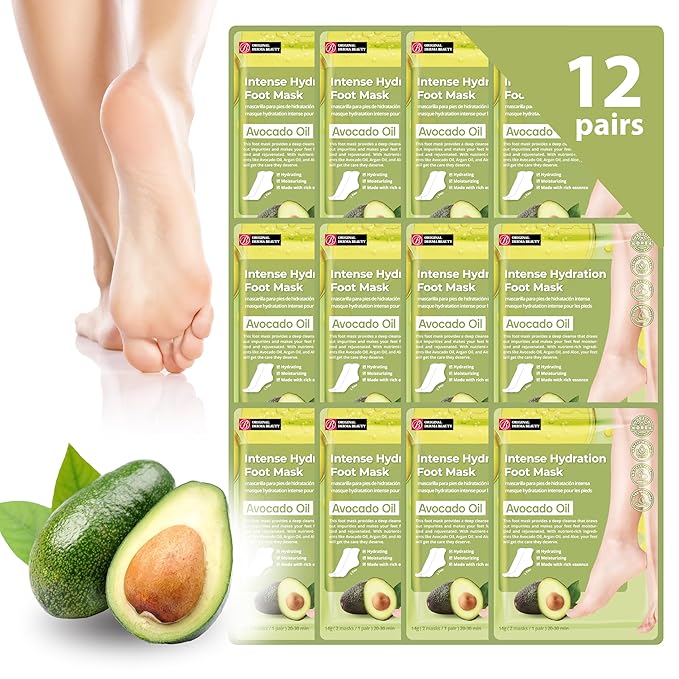 Original Derma Beauty Foot Mask 12 Pairs Intense Hydration Avocado Oil Moisturizing Foot Mask Set Body Exfoliator Callus Remover Foot Masks Foot Bath Pedicure Supplies for Beauty & Personal Care