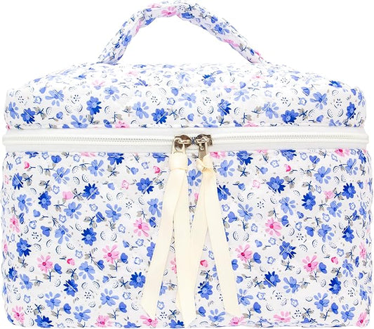 PAZIMIIK Quilted Makeup Bag Large Travel Zipper Soft Cosmetic Case for Women Girls Make Up,Floral Blue