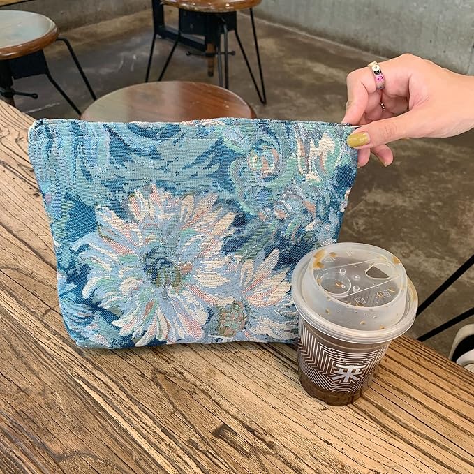 Makeup Bags for Purse Zipper Cosmetic Pouch Large Travel Canvas Make Up Organizer Tool Pouch for Women and Girls,Flower Blue