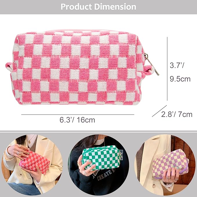 PAZIMIIK Checkered Makeup Bag for Purse Portable Zipper Make Up Pouch Small Cosmetic Case for Travel Accessories (6PCS Pink White)