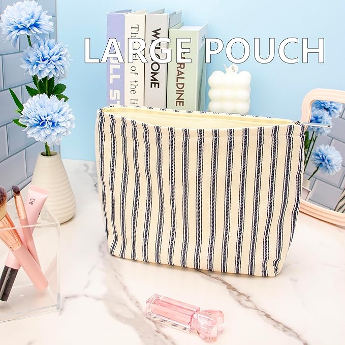 PAZIMIIK Makeup Bag Large Cotton Zipper Pouch for Purse Travel Canvas Make Up Organizer for Women Cosmetic,Vintage Stripe Navy Blue