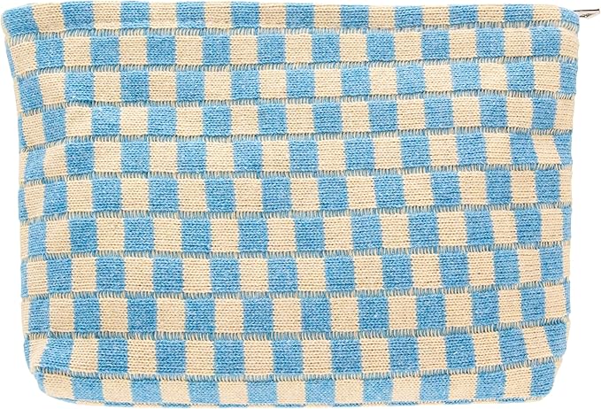 PAZIMIIK Knitted Checkered Makeup Bag Large Zipper Make Up Accessory Pouch for Purse Cosmetic Brush Bag for Travel Essential Blue Beige