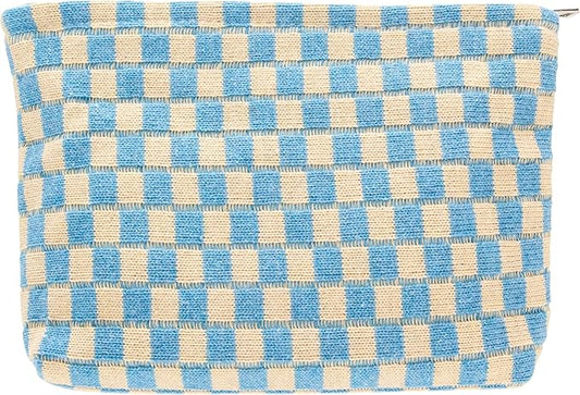 PAZIMIIK Knitted Checkered Makeup Bag Large Zipper Make Up Accessory Pouch for Purse Cosmetic Brush Bag for Travel Essential Blue Beige