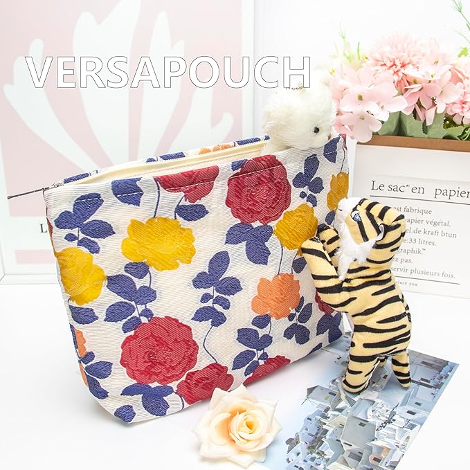 PAZIMIIK Makeup Bag Large Cotton Zipper Pouch for Purse Travel Canvas Make Up Organizer for Women Cosmetic,Rose Beige