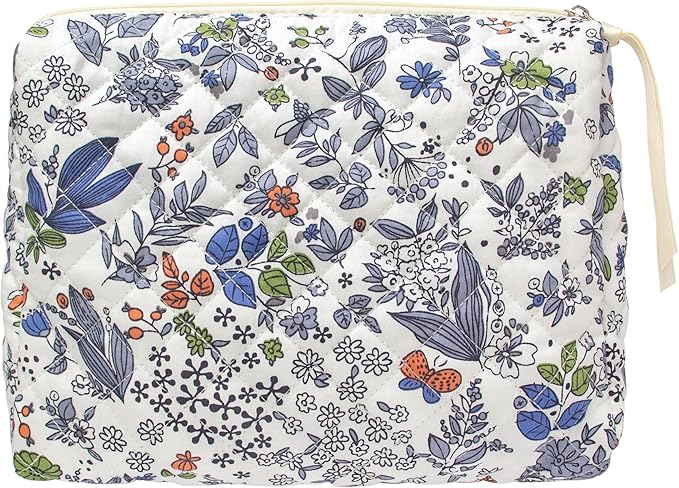 PAZIMIIK Quilted Makeup Bag Large Travel Zipper Soft Cosmetic Pouch for Women Girls Make Up,Leaf White