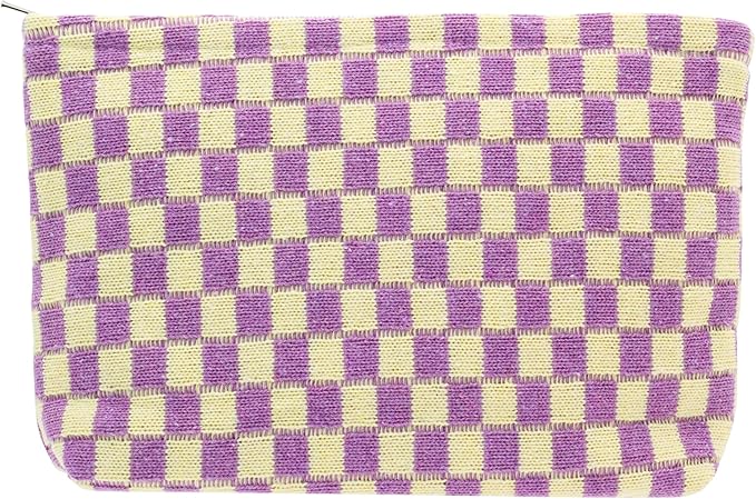 PAZIMIIK Knitted Checkered Makeup Bag Large Zipper Make Up Accessory Pouch for Purse Cosmetic Brush Bag for Travel Essential,Purple