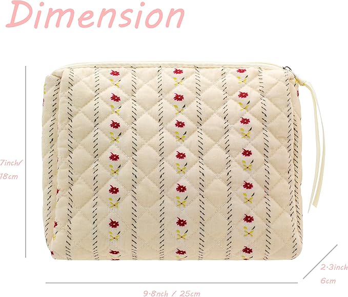 PAZIMIIK Quilted Makeup Bag Large Travel Zipper Soft Cosmetic Pouch for Women Girls Make Up,Little Flower Beige