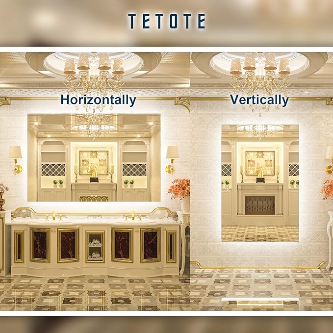 TETOTE 60 x 40 LED Backlit Bathroom Mirror with Light,3 Color White/Warm/Natural,Anti-Fog Lighted Mirror,Dimmable,Vanity Mirror,Wall Mounted