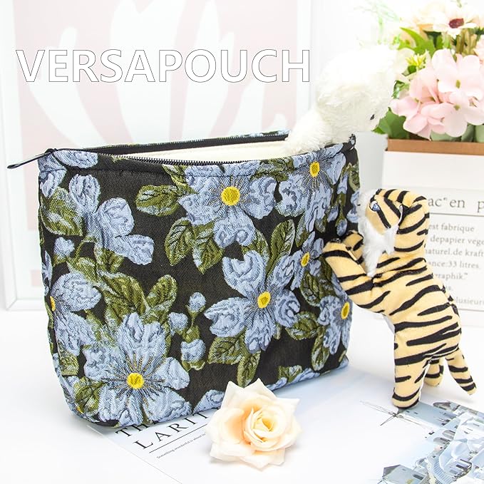 PAZIMIIK Makeup Bag Large Cotton Zipper Pouch for Purse Travel Canvas Make Up Organizer for Women Cosmetic,Brocade Flower Black