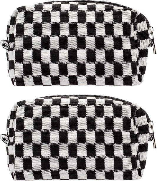 PAZIMIIK Checkered Makeup Bag for Purse Portable Zipper Make Up Pouch Small Cosmetic Case for Travel Accessories (2PCS Black)