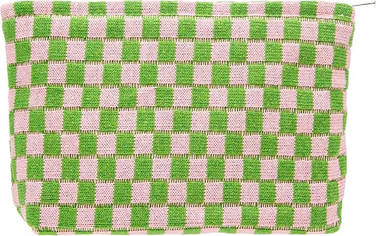 PAZIMIIK Knitted Checkered Makeup Bag Large Zipper Make Up Accessory Pouch for Purse Cosmetic Brush Bag for Travel Essential Pink Green