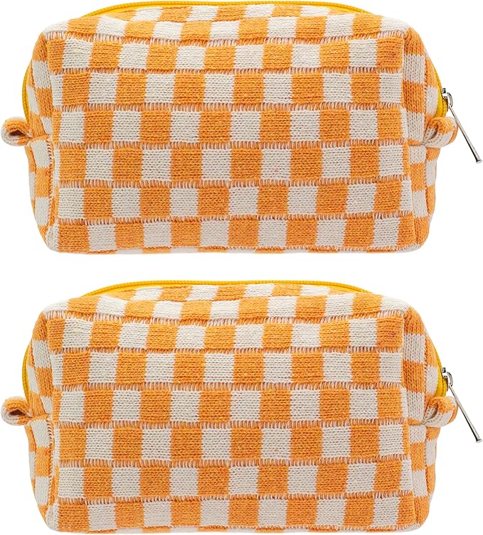 PAZIMIIK Checkered Makeup Bag for Purse Portable Zipper Make Up Pouch Small Cosmetic Case for Travel Accessories (2PCS Orange)