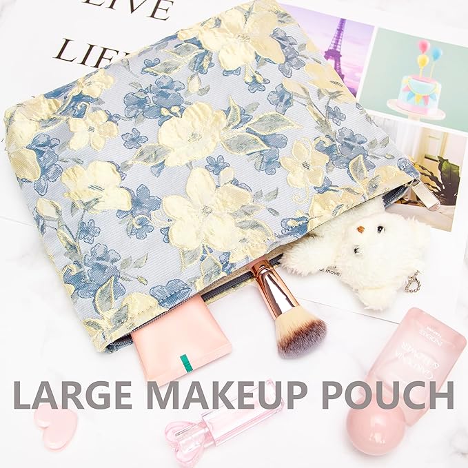 PAZIMIIK Makeup Bag Large Cotton Zipper Pouch for Purse Travel Canvas Make Up Organizer for Women Cosmetic,Brocade Blue