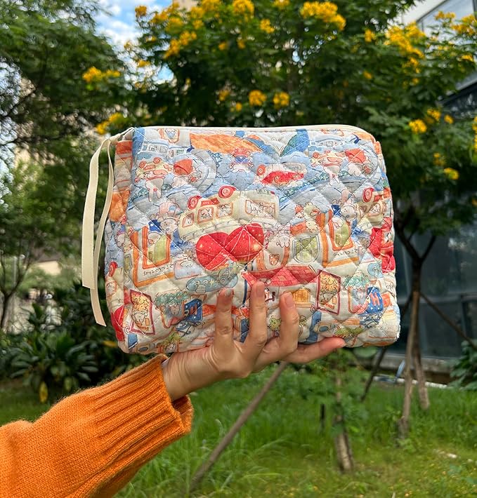 PAZIMIIK Quilted Makeup Bag Large Travel Zipper Soft Cosmetic Pouch for Women Girls Make Up,Little Bunny