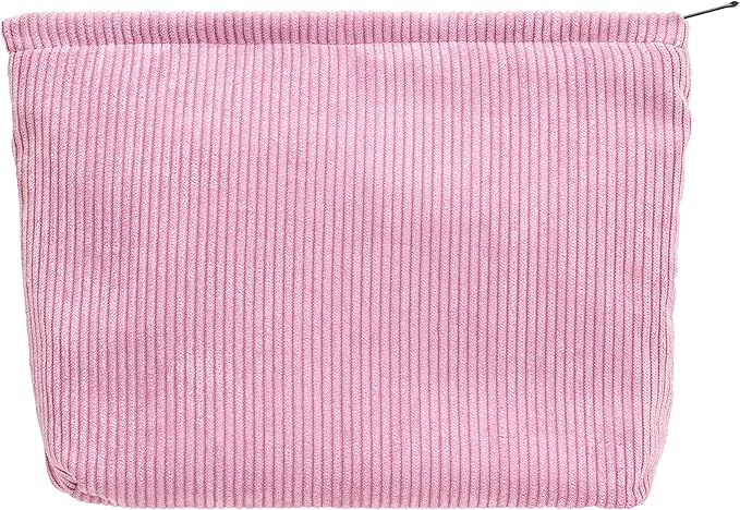 PAZIMIIK Makeup Bag Large Zipper Corduroy Make Up Pouch for Purse Travel Canvas Cosmetic Organizer for Women Brush Storage,Pink