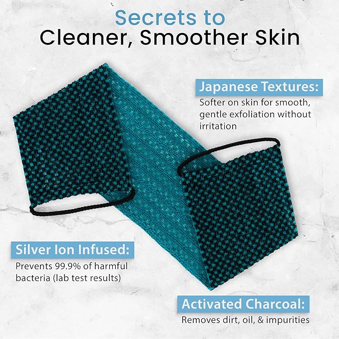 Japanese Exfoliating Washcloth for Back & Body - Charcoal & Silver Ion Exfoliating Towel with Handles - Two-Sided Gentle Exfoliation & Deep Cleansing Soft Body Wash Cloths for Shower - Green