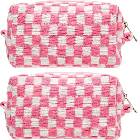 PAZIMIIK Checkered Makeup Bag for Purse Portable Zipper Make Up Pouch Small Cosmetic Case for Travel Accessories (2PCS Pink)