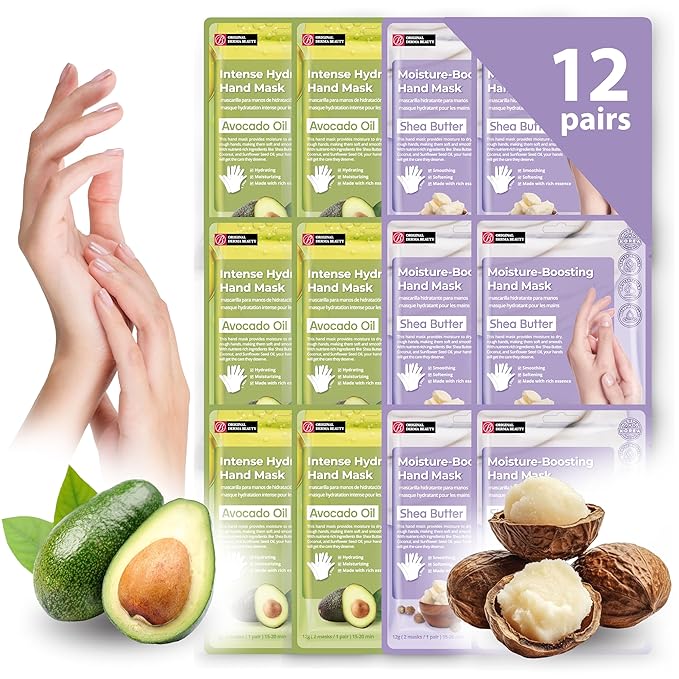 12 Pairs Original Derma Beauty Hand Mask Bulk Moisturizing Hand Gloves for Dry Hands Nail Care Essential (Shea Butter + Avocado)