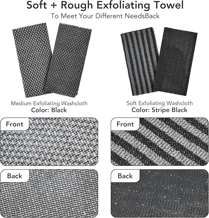 Exfoliating Washcloth Shower Towel - 2 Pack Back and Body Scrubbers for Smooth Skin | Quick-Drying, Durable, and Gentle for Sensitive Skin (Black+Gray)