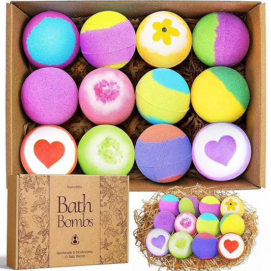 Bath Bombs for Women, 12 Pack Handmade Bubble Shower Bombs Set, Shea Butter & Individually Wrapped, Present Idea for Her/Him, Wife, Mom Women