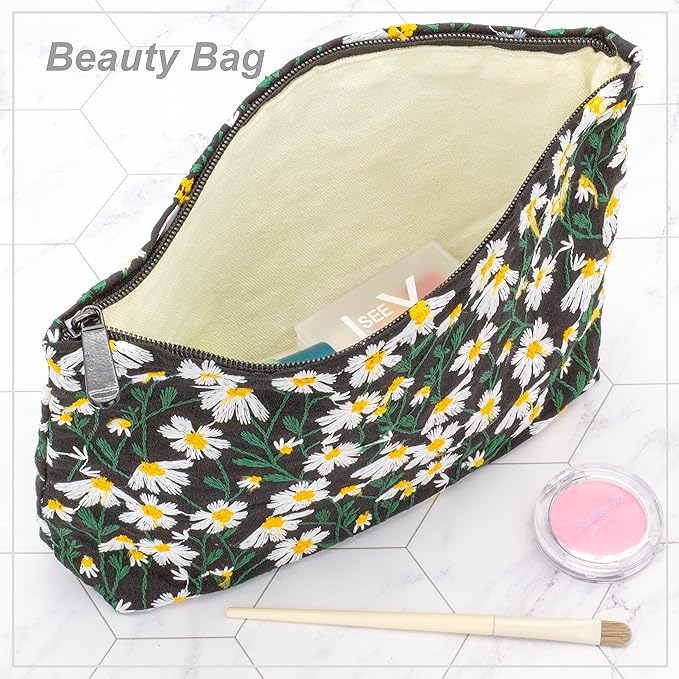 Makeup Bags for Purse Zipper Cosmetic Pouch Large Travel Canvas Make Up Organizer Tool Pouch for Women and Girls,Daisy Black