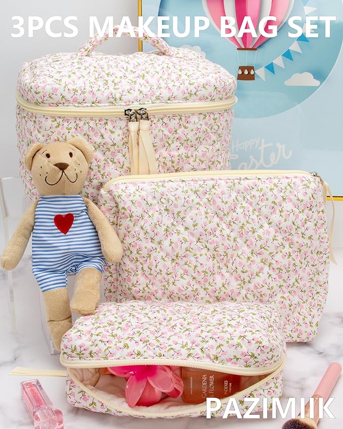 3PCS Makeup Bag SET Large Travel Quilted Zipper Soft Cosmetic Case Pouch for Women Girls Make Up,Floral Pink