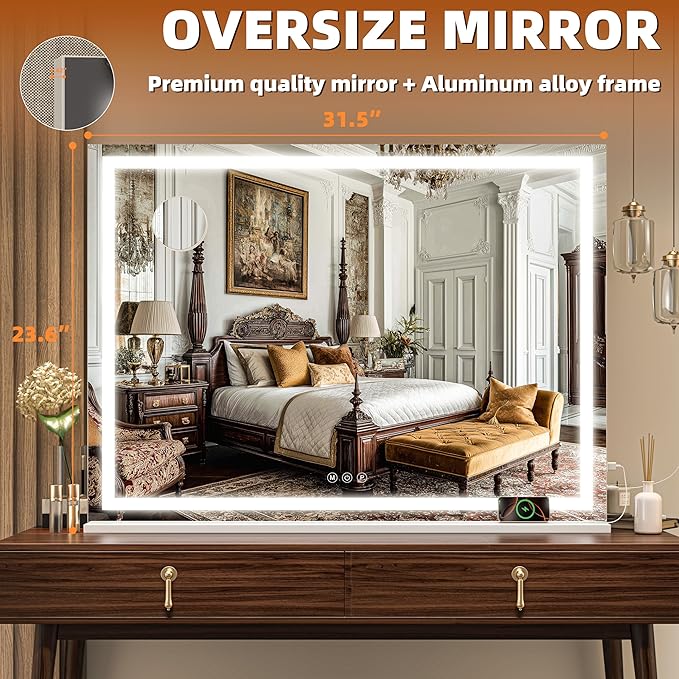 Hasipu Vanity Mirror with Lights, 32" x 24" LED Makeup Mirror, Lighted Makeup Mirror with Dimmable 3 Modes, Touch Screen Control Vanity Mirror Square White