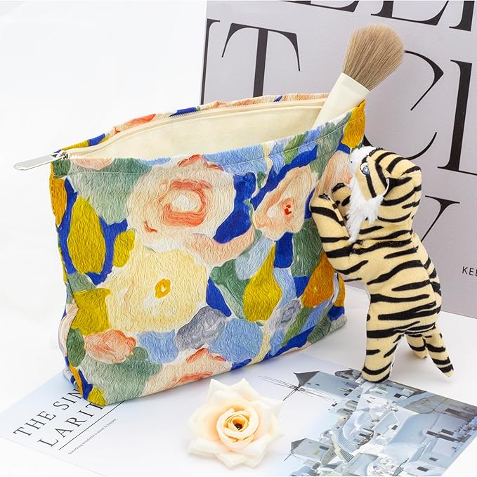 PAZIMIIK Floral Makeup Bag Large Cotton Zipper Pouch for Purse Travel Canvas Make Up Organizer for Women Cosmetic,Garden Blue