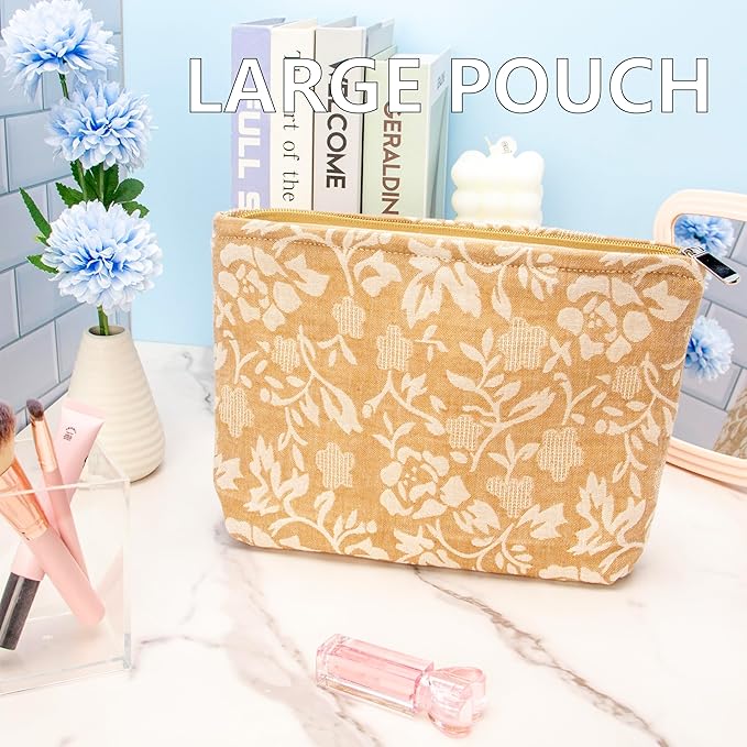 PAZIMIIK Makeup Bag Large Cotton Zipper Pouch for Purse Travel Canvas Make Up Organizer for Women Cosmetic,Rose Linen