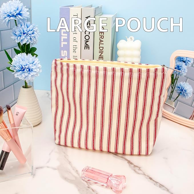 PAZIMIIK Makeup Bag Large Cotton Zipper Pouch for Purse Travel Canvas Make Up Organizer for Women Cosmetic,Vintage Stripe Red