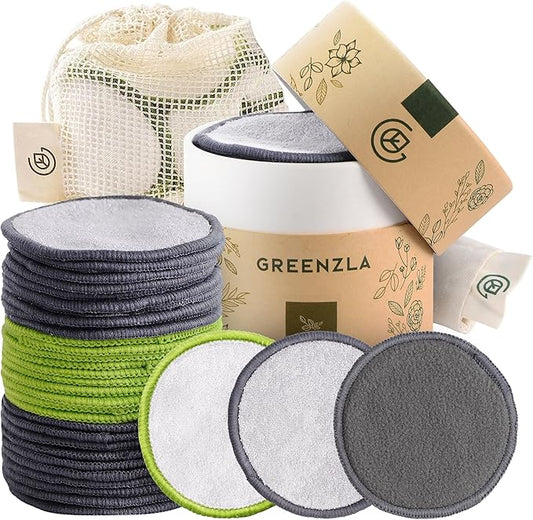 Greenzla Reusable Makeup Remover Pads, Washable Bamboo Cotton Rounds with Mesh Laundry Bag, Travel Pouch, Pad Holder - Reusable Cotton Rounds for All Skin Types - Perfect for Face Care, 30 Pack