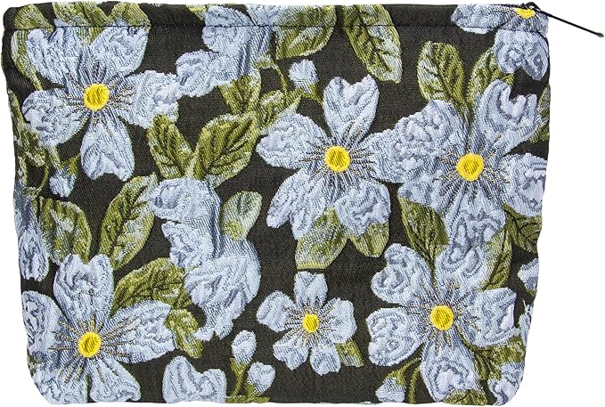 PAZIMIIK Makeup Bag Large Cotton Zipper Pouch for Purse Travel Canvas Make Up Organizer for Women Cosmetic,Brocade Flower Black