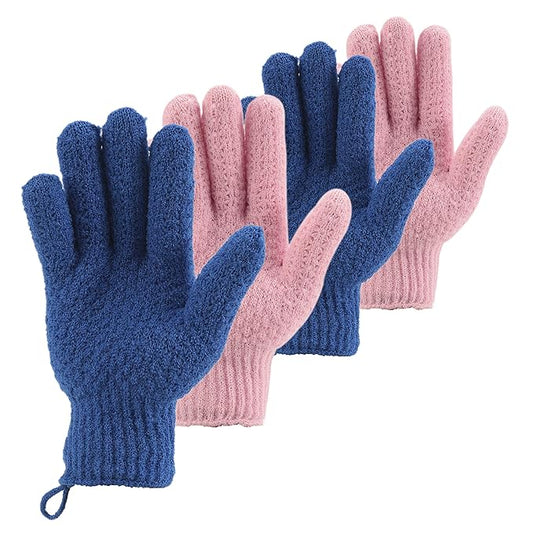 Bath Exfoliating Gloves Scrub - 4 pcs (2 Pair) Lengthened and Large Exfoliating Scrubbing Gloves for Shower, Spa, Massage - Scrub Exfoliating Mitts for Body, Face, Hand and Foot（Blue and Pink）